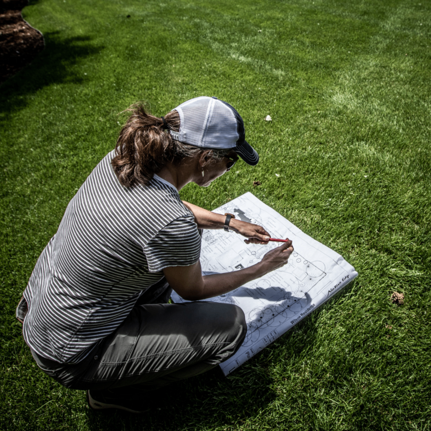 Landscape designer sketching plans on site
